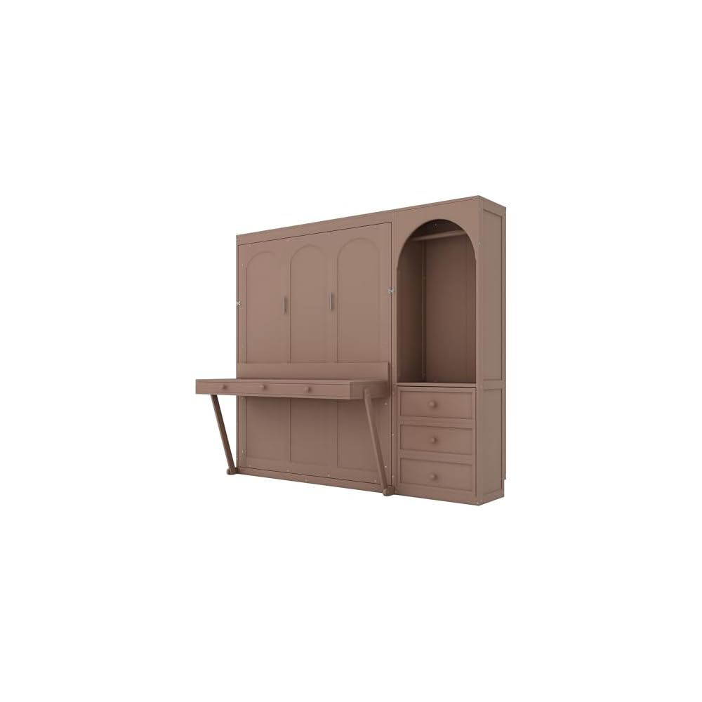 Queen Murphy Bed with Desk and Storage & LED Light, Solid Wood Murphy Wall Bed Cabinet with Storage Drawers &Clothes Rack,Space Saving for Office Bedroom Library,Guest Room (Queen,Brown)