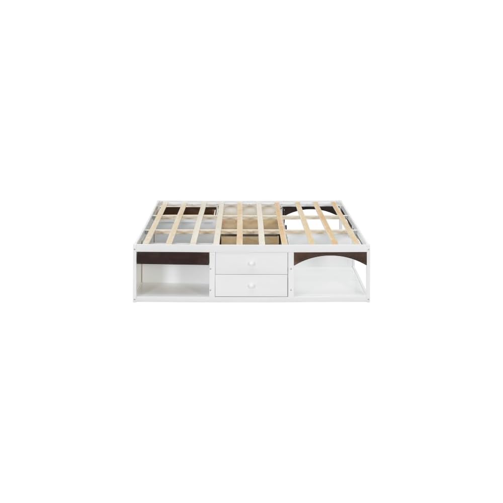 Pet-Friendly Platform Bed Frame, No Headboard Platform Bed, with Storage Drawers, Pet-Friendly Design, King Size, White