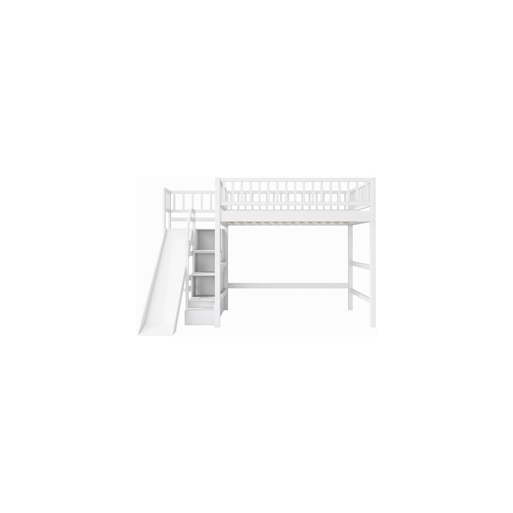 Full Size Loft Bed with Storage Staircase, Slide & LED Light, Wooden Bunk Bed for Bedroom with Built-in Shelves, White