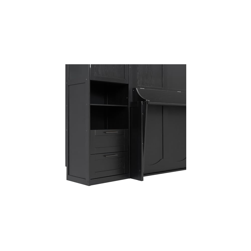 Queen Murphy Bed with Side Wardrobes & Drawers, Queen Size Wall Bed Frame, Multi-Functional Hidden Fold Down Cabinet Bed with Clothing Hanging Rods & Open Shelves, Black
