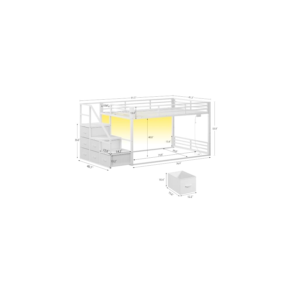 Bunk Bed Twin Over Twin with Storage Stairs, Metal Bunk Beds for Kids