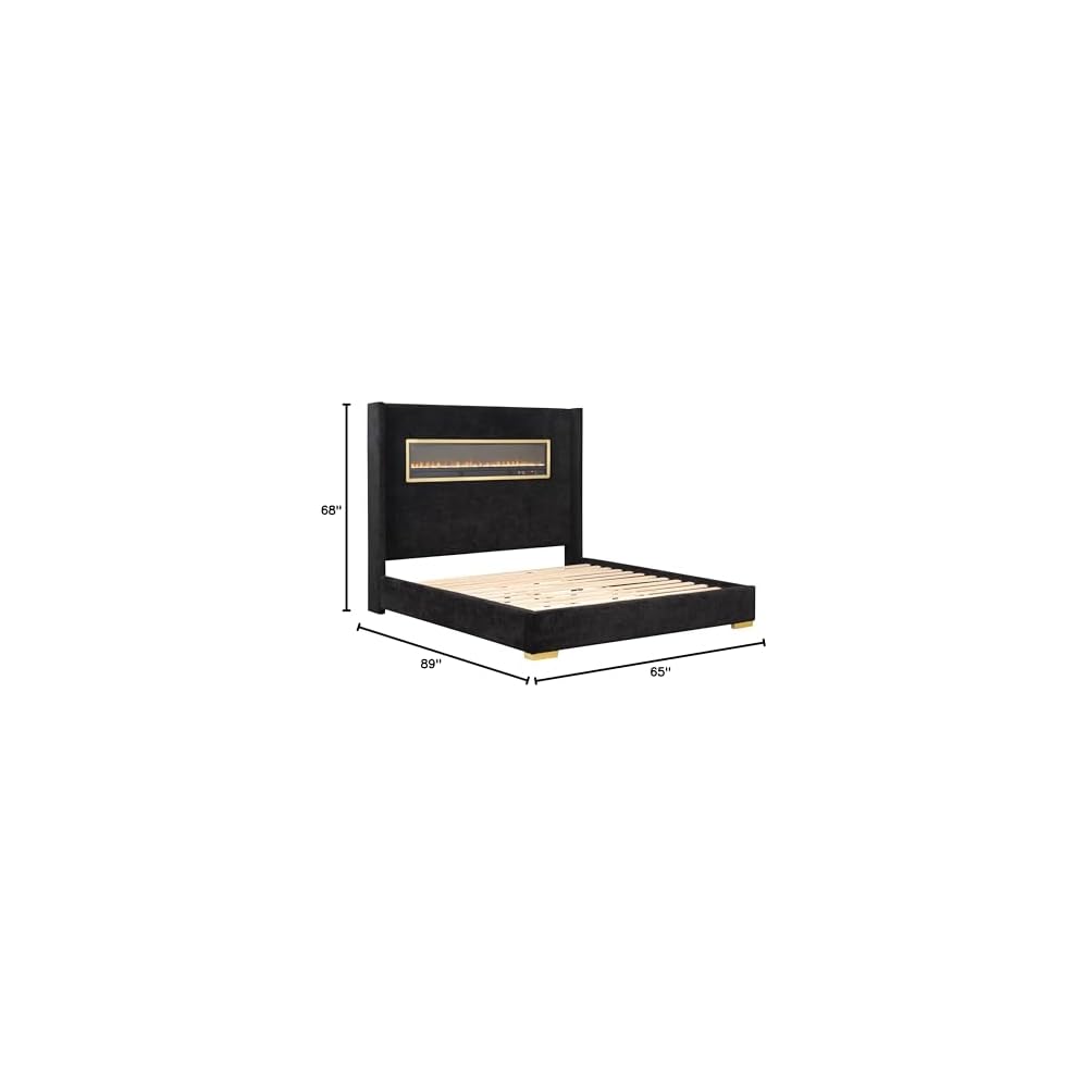 Calliope Modern Boucle Bed Frame with 3D Fireplace Headboard, Bluetooth Speaker and USB Slot, Upholstered Bedframe, No Box Spring Required for Home, Bedroom, Queen, Black
