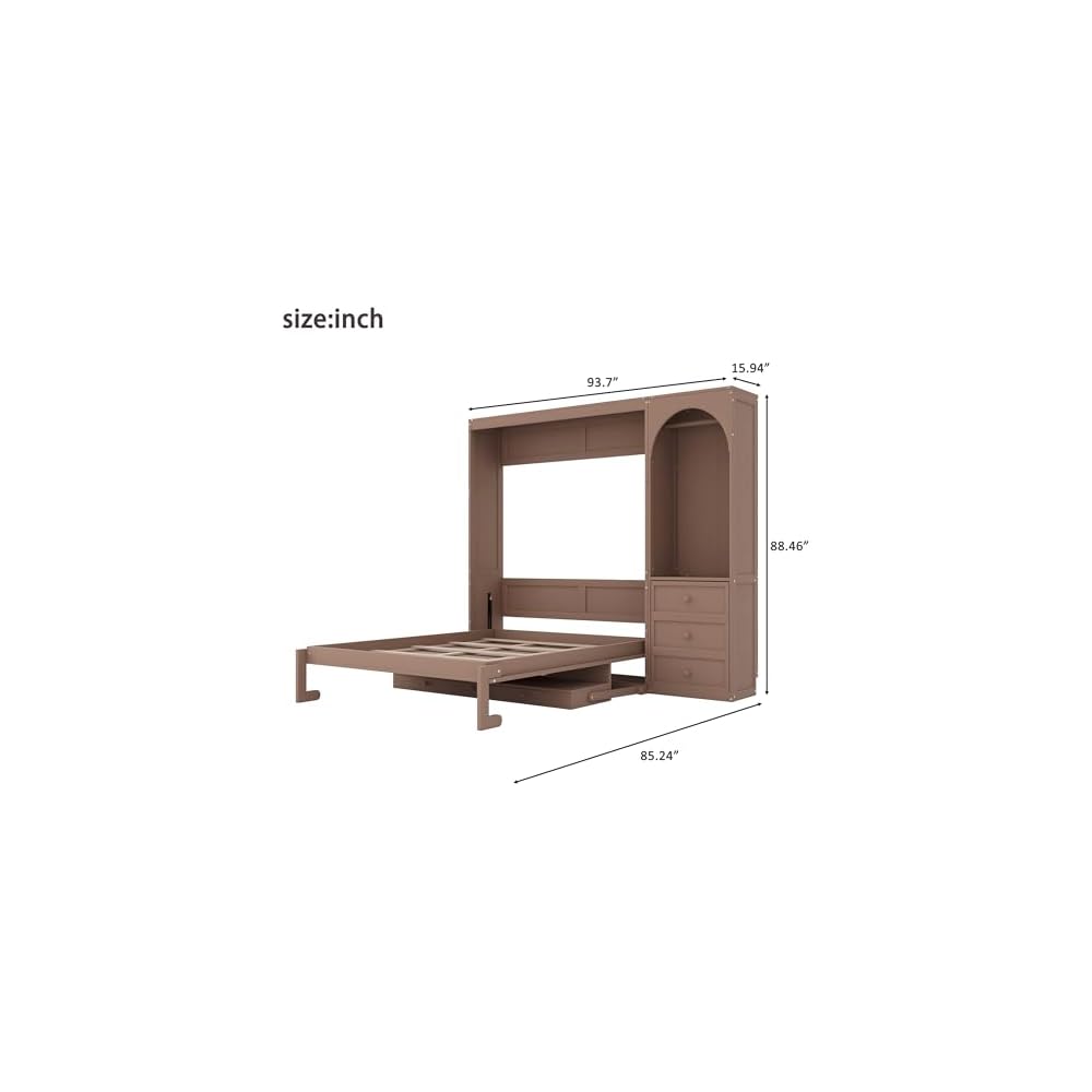 Queen Murphy Bed with Desk and Storage & LED Light, Solid Wood Murphy Wall Bed Cabinet with Storage Drawers &Clothes Rack,Space Saving for Office Bedroom Library,Guest Room (Queen,Brown)
