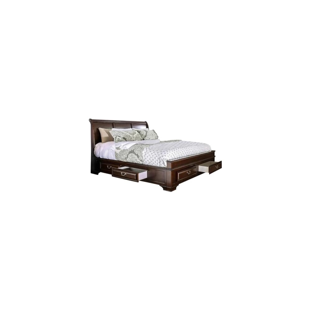Transitional Wood Queen Storage Platform Bed, Brown Cherry Finish, 91.75" L x 64.75" W x 54" H, 6 Drawers, Arched Panel Headboard, Solid Wood Frame, Durable MDF Slats, Bedroom Furniture