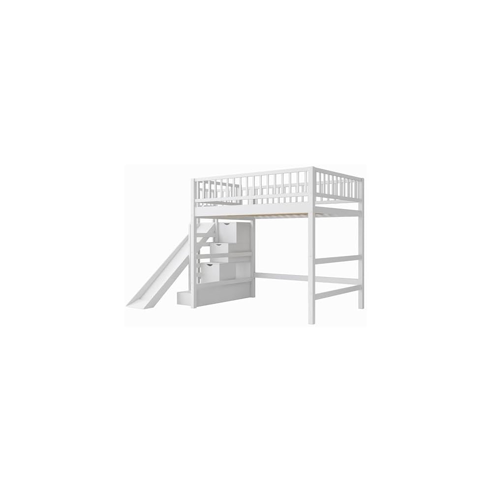 Full Size Loft Bed with Storage Staircase, Slide & LED Light, Wooden Bunk Bed for Bedroom with Built-in Shelves, White