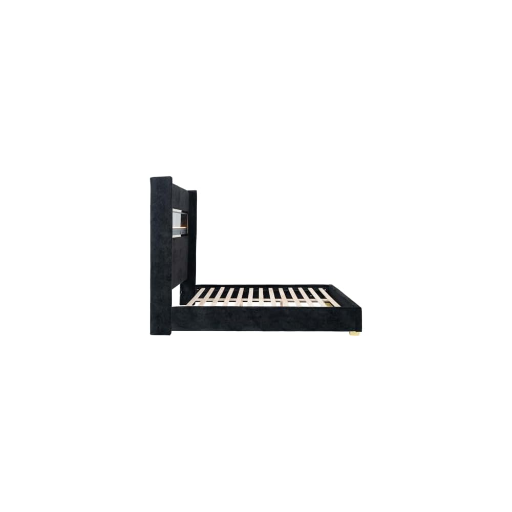 Calliope Modern Boucle Bed Frame with 3D Fireplace Headboard, Bluetooth Speaker and USB Slot, Upholstered Bedframe, No Box Spring Required for Home, Bedroom, Queen, Black