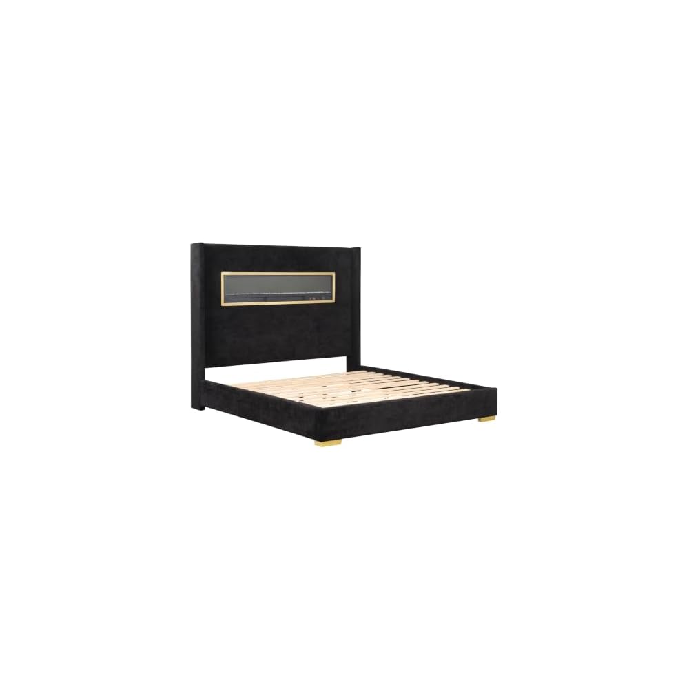 Calliope Modern Boucle Bed Frame with 3D Fireplace Headboard, Bluetooth Speaker and USB Slot, Upholstered Bedframe, No Box Spring Required for Home, Bedroom, Queen, Black