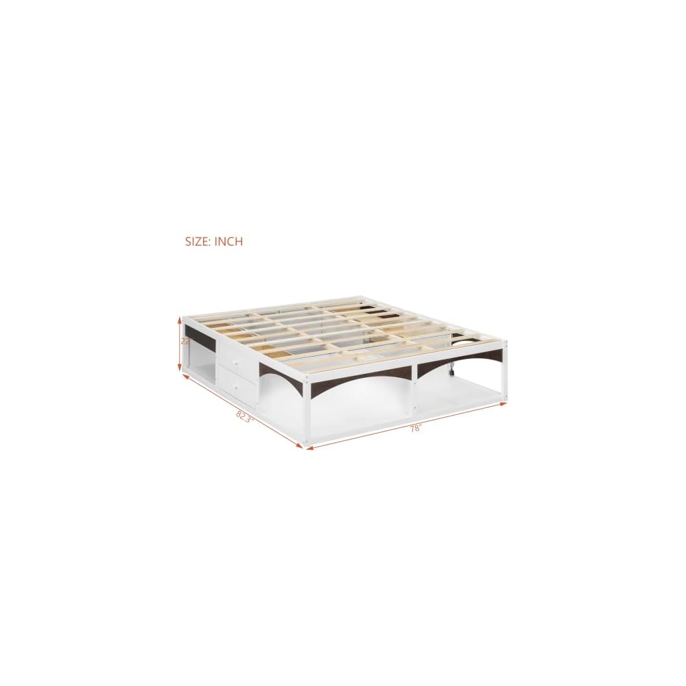 Pet-Friendly Platform Bed Frame, No Headboard Platform Bed, with Storage Drawers, Pet-Friendly Design, King Size, White