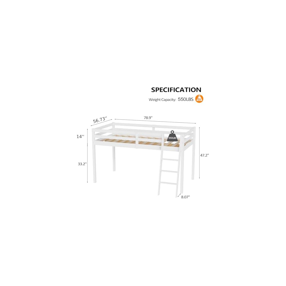 Junior Low Loft Bed with Stairs, White Wood Loft Bed Full Size for Adults, Kids and Young Teens, No Box Spring Required,Wood Slat Support