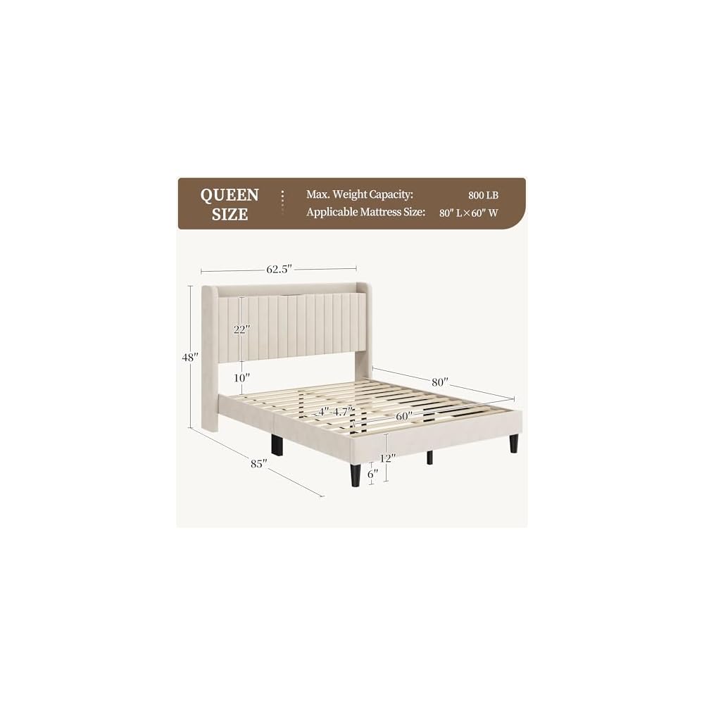 Queen Bed Frame with Channel-Tufted Storage Headboard, Cool Beige