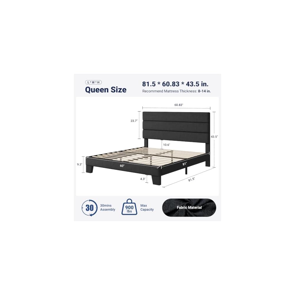 Queen Size Platform Bed Frame with Fabric Upholstered Headboard