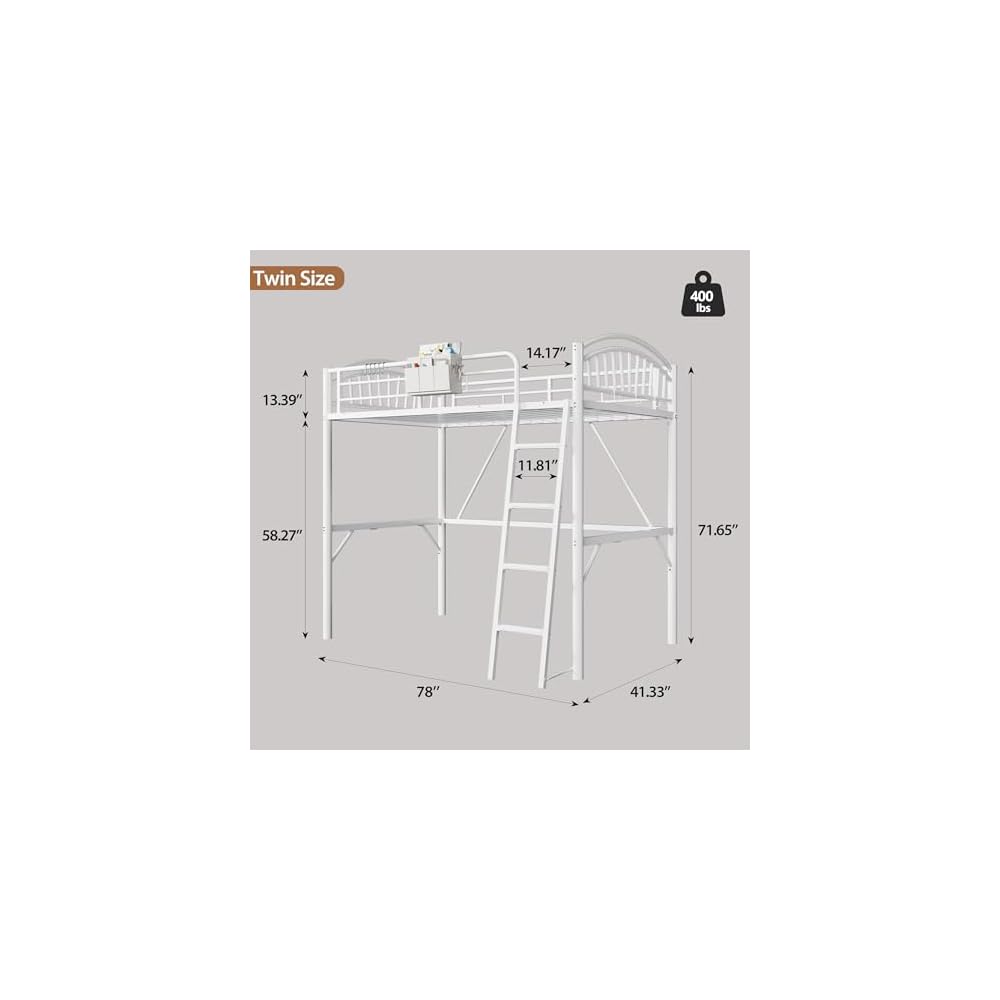 Loft Bed White Twin with Storage Bag, Metal Twin Size Loft Beds for Kids with Convertible Ladder, Safety Guard Rails and Anti-tip Nails for Teenager，Girls or Boys (White)