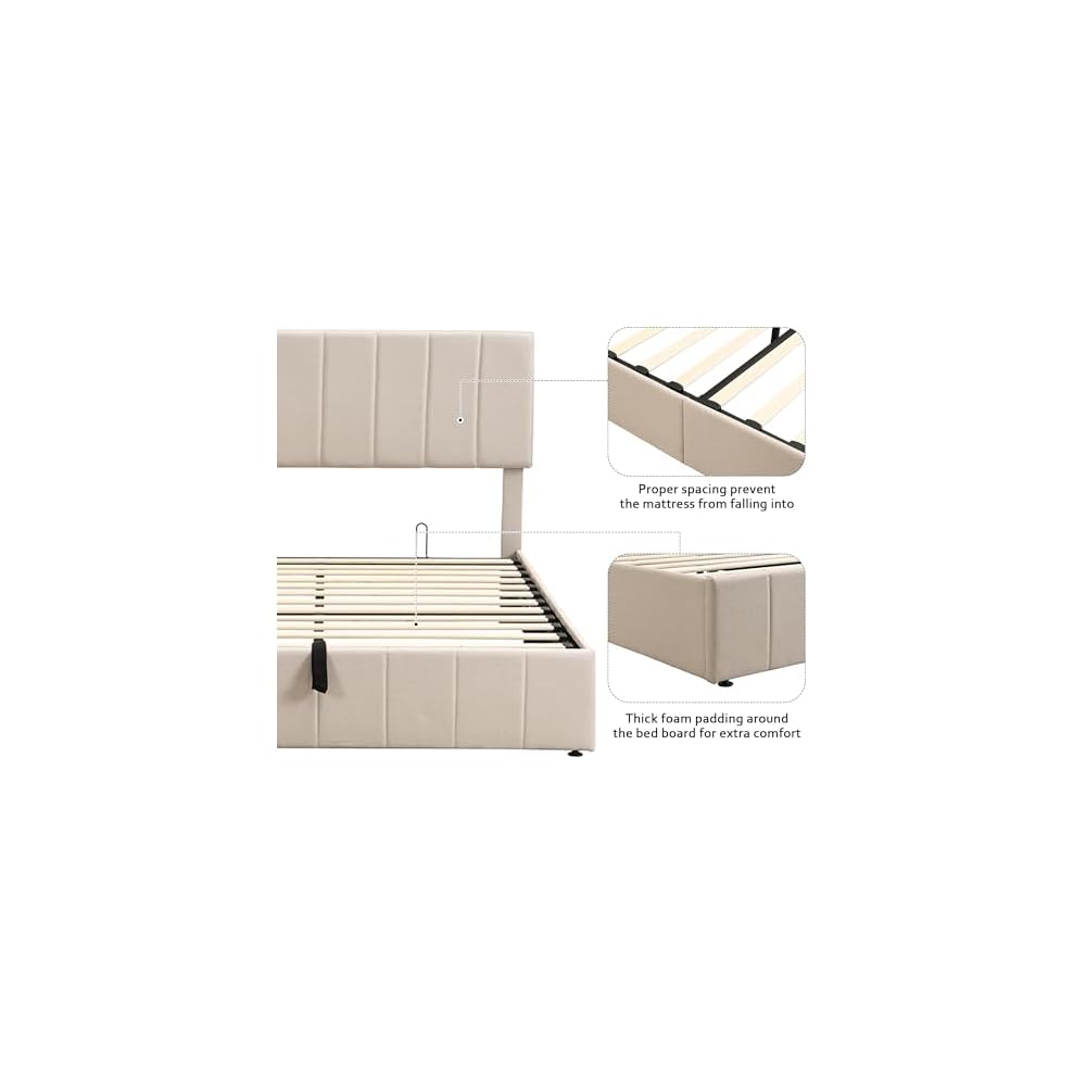 Gas Lift Up Storage Platform Bed, Upholstered Bed Frame with Hydraulic Storage System and Wooden Slat Support, Queen Size, Beige