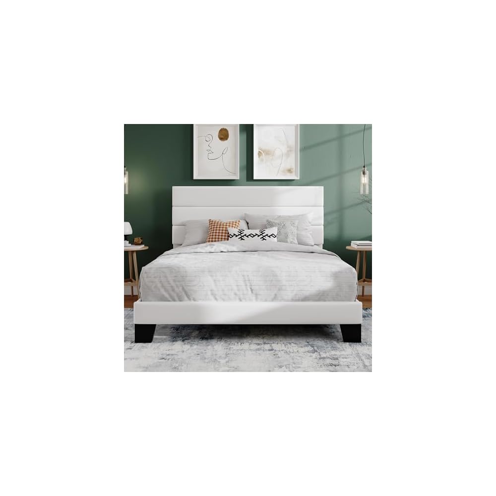 Full Platform Bed Frame with Upholstered Velvet Headboard, White