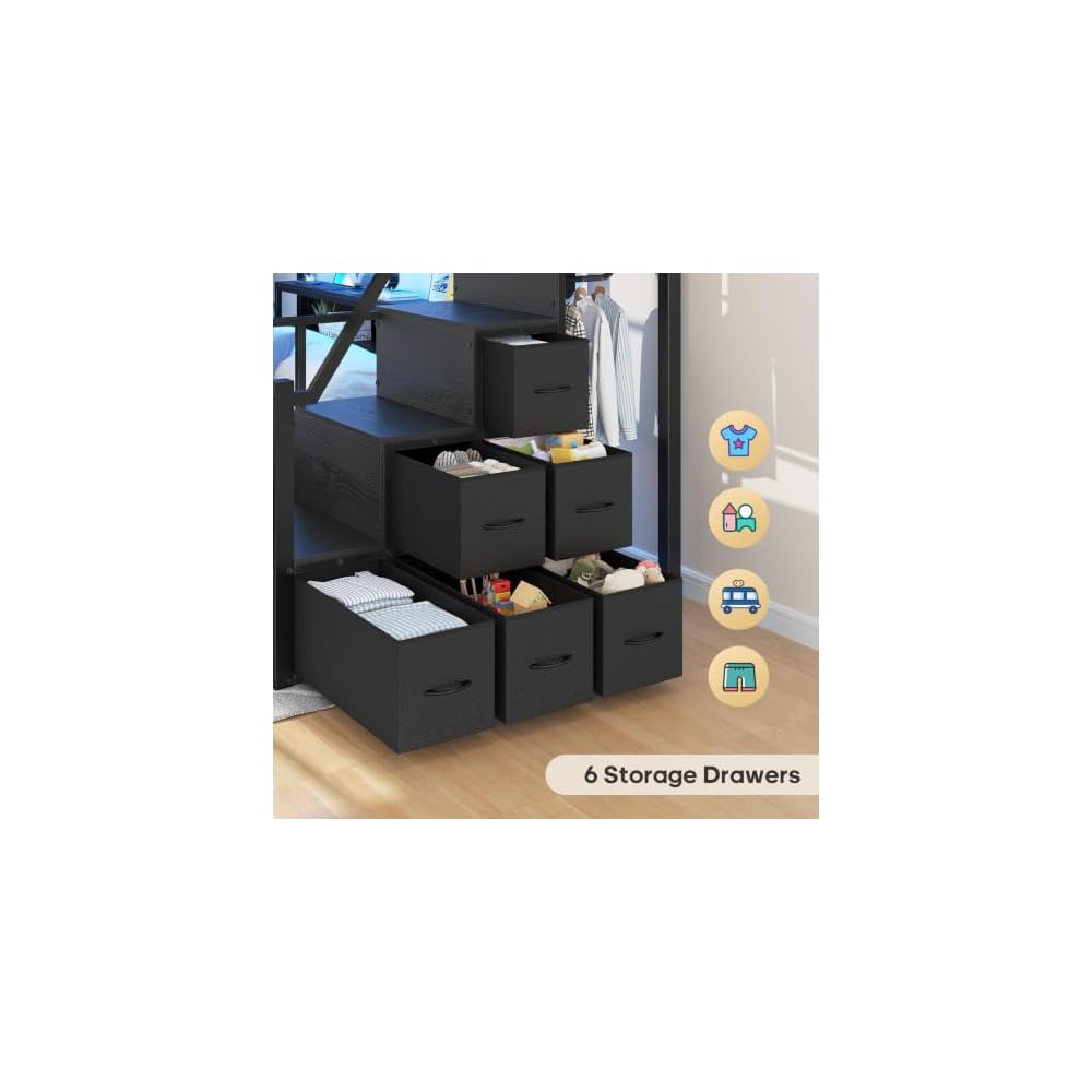 Twin Over Full Bunk Bed with Storage Stairs, 8 Drawers, Black