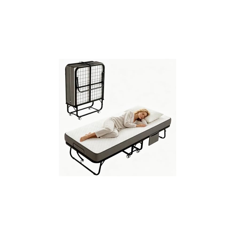 Folding Bed with Mattress, 75" x 31" Rollaway Bed with Memory Foam Mattress for Adults, Portable Foldable Guest Bed with Metal Frame, Luxury Single Bed for Home& Office Space Saving