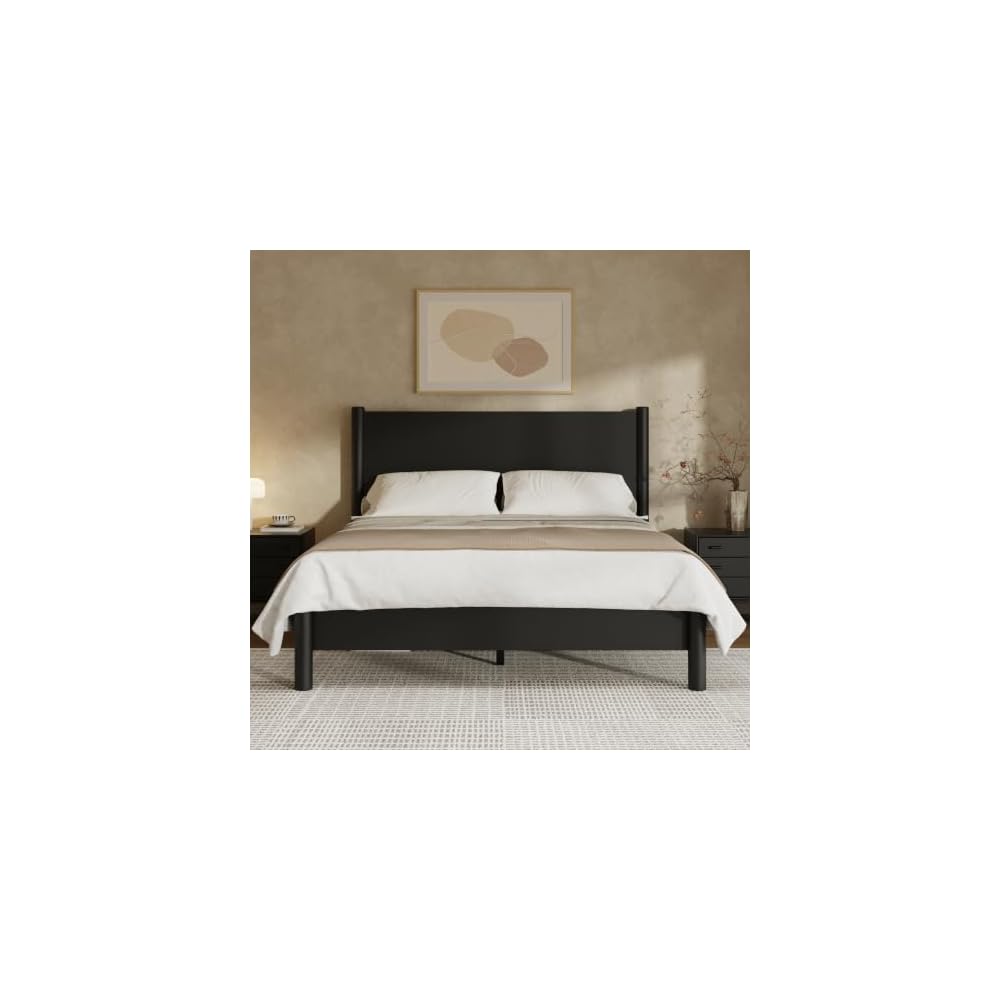 King Size Platform Bed Frame with Wood Headboard, Black