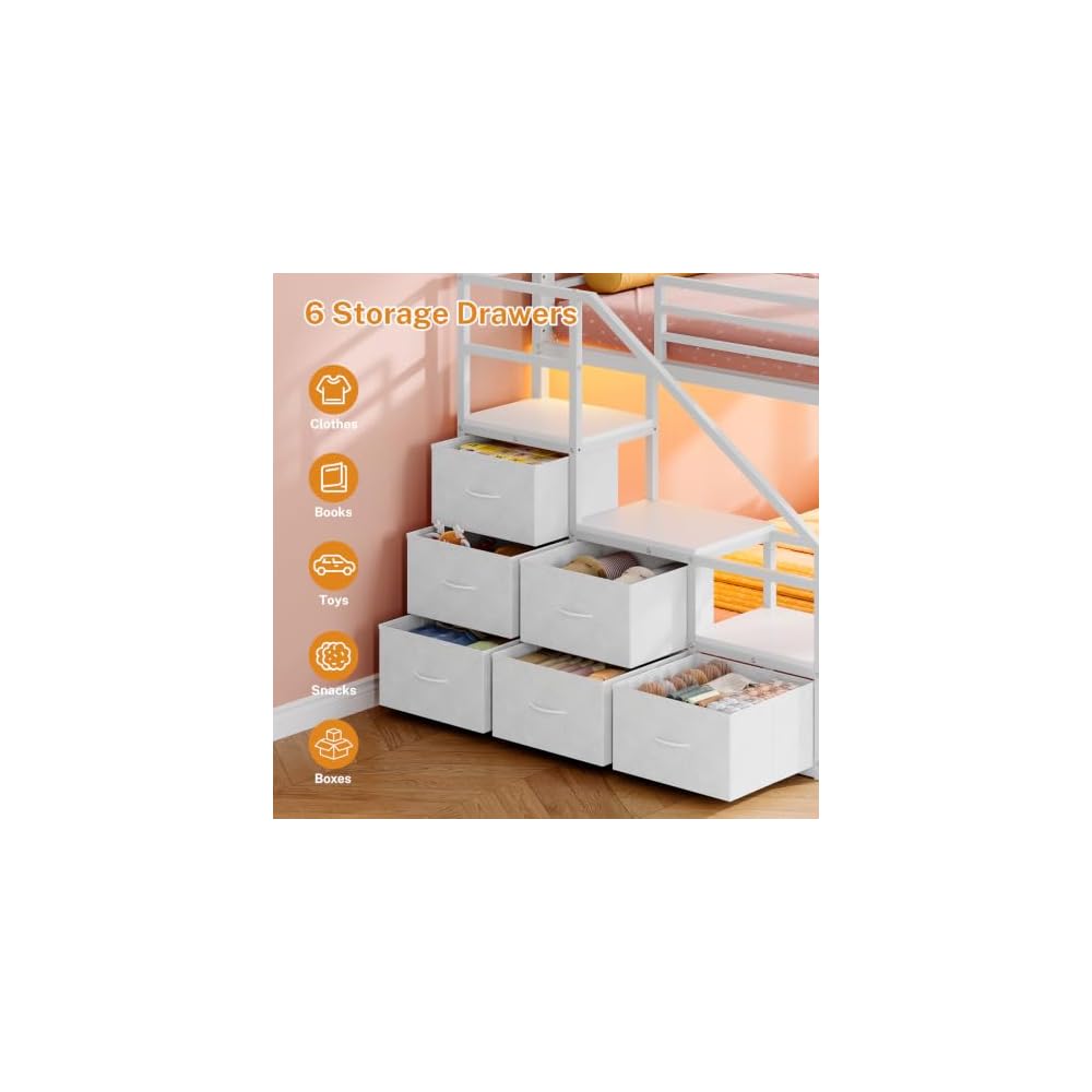 Bunk Bed Twin Over Twin with Storage Stairs, Metal Bunk Beds for Kids
