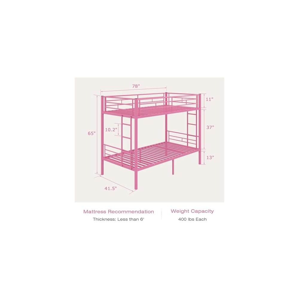 Bunk Bed Twin Over Twin, Metal Bunkbeds with Ladder and Full-Length Guardrail, No Box Spring Needed, Space Saving, Noise Free, Light Pink