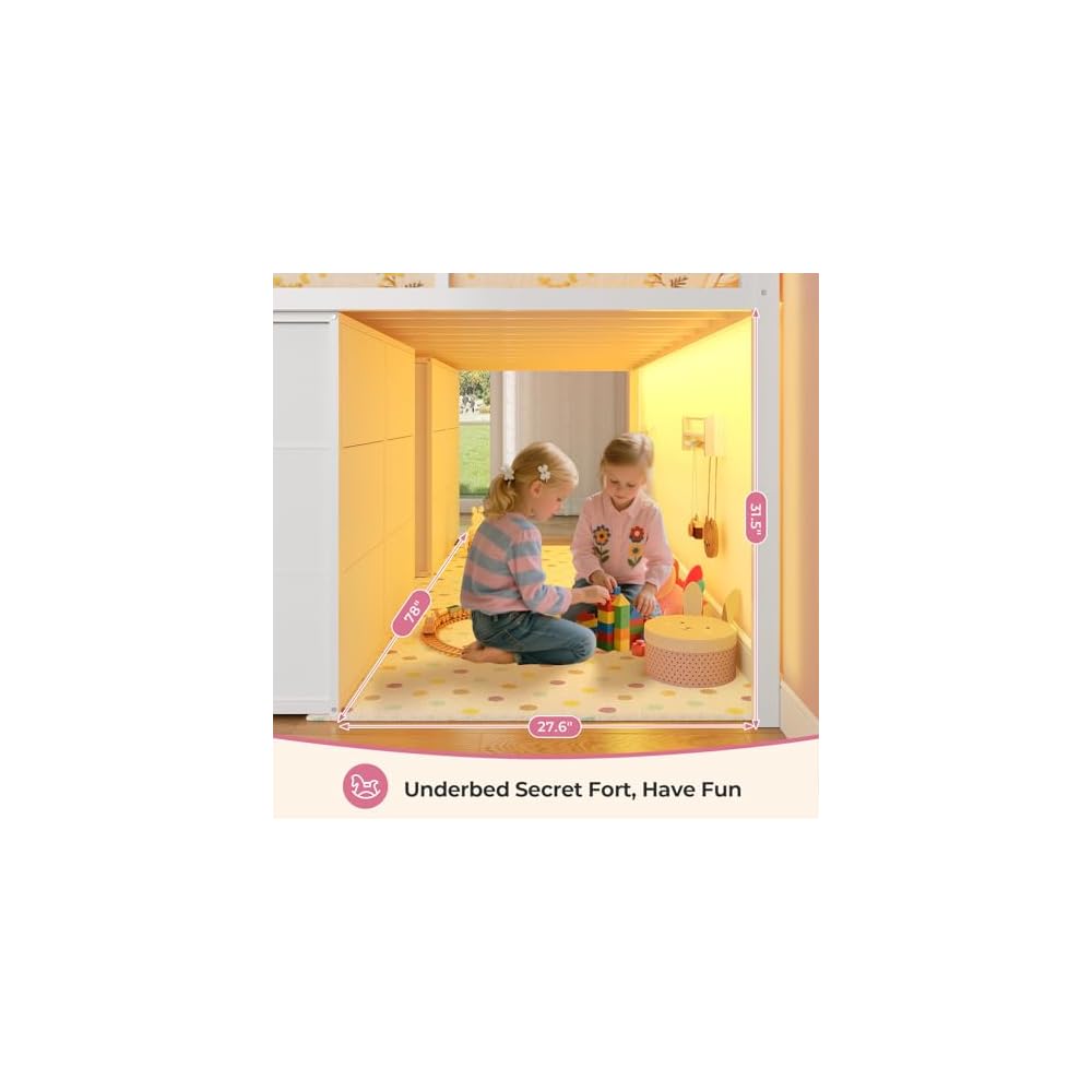 Low Loft Bed Twin Size with 8 Storage Drawers for Kids, White