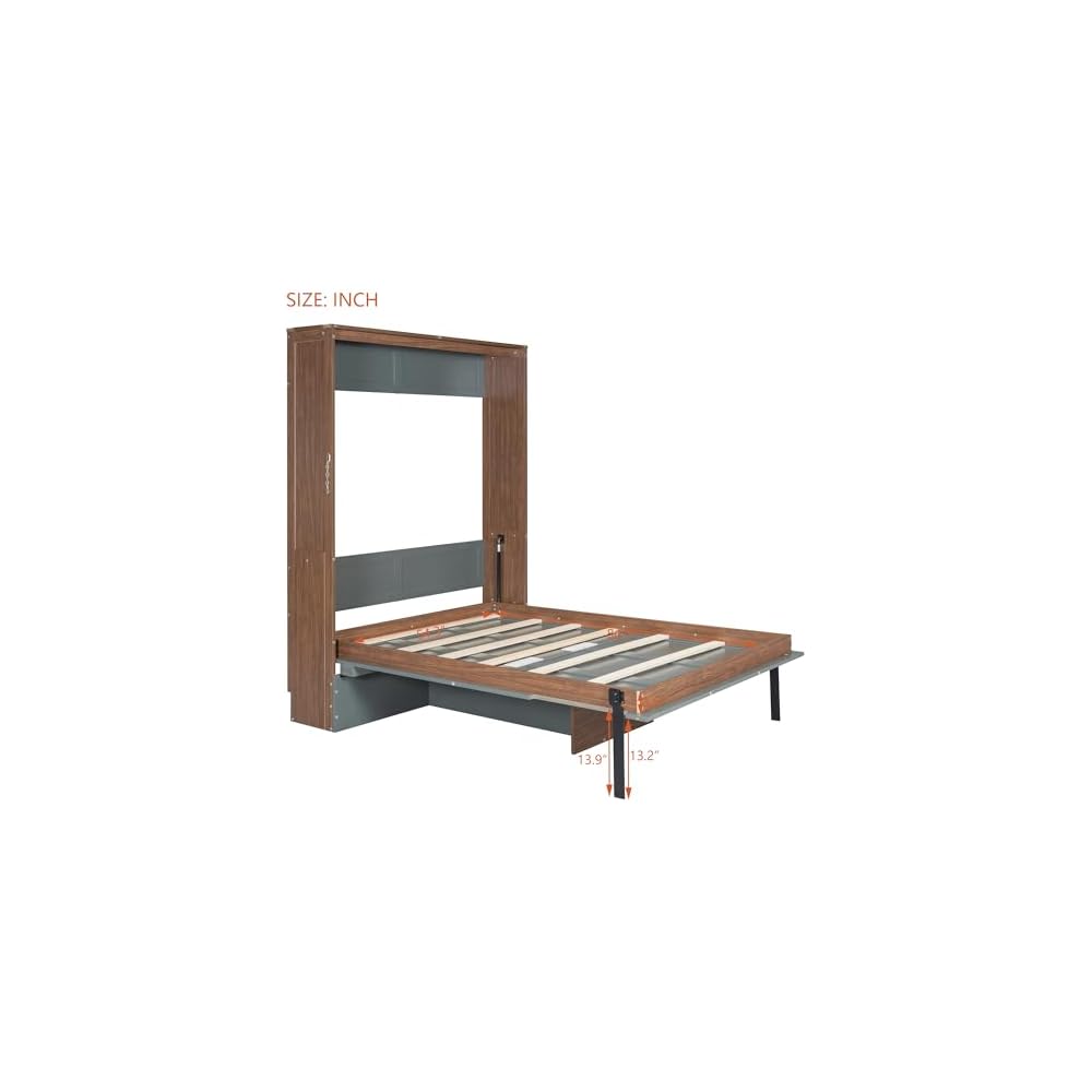 Full Size Murphy Bed Wall Beds with Foldable Desk and Hardware Chain,Cabinets Bed w/Metal Leg & Slat Support,Space Saving Bedroom Furniture for Small Space Apartment,Walnut & Gray