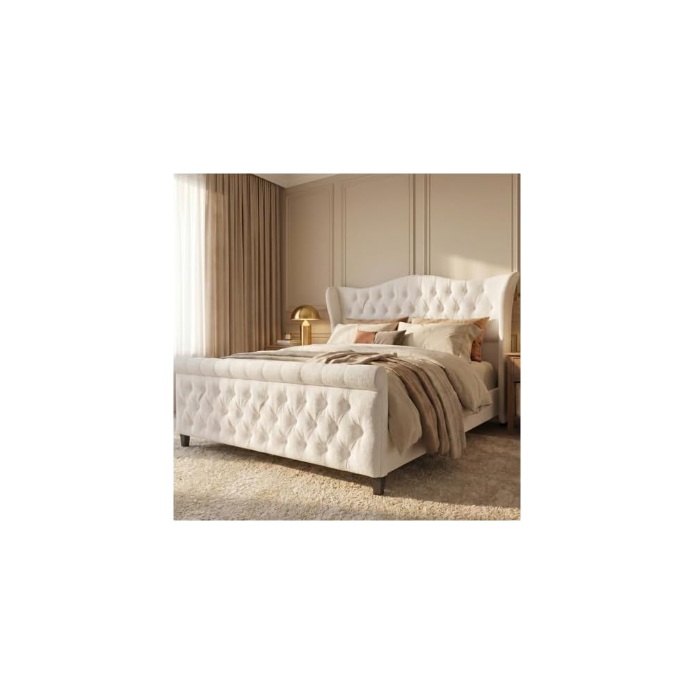 Queen Size Upholstered Sleigh Bed Frame with Wingback Headboard