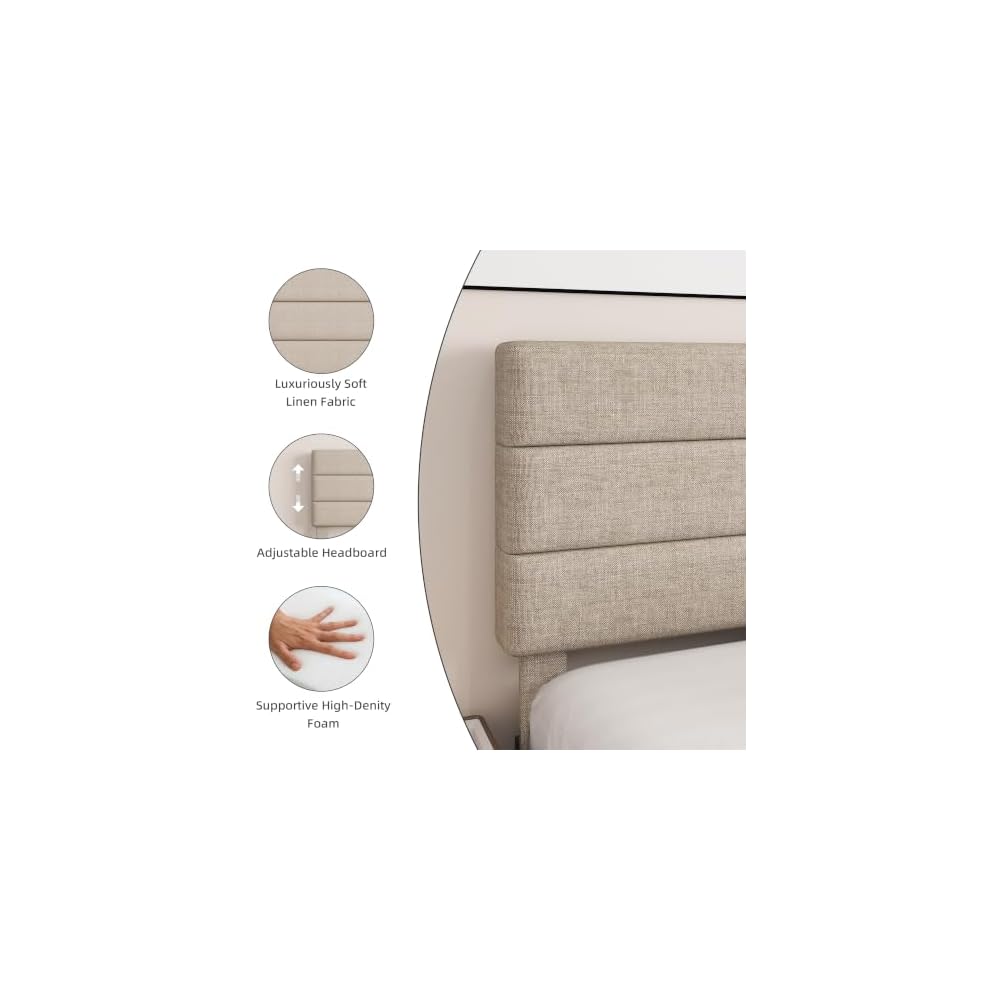 Full Platform Bed Frame with Adjustable Linen Fabric Upholstered Headboard, Strong Slats Support, Noise-Free, No Box Spring Required, Easy Assembly for Bedroom Guest Room, Beige