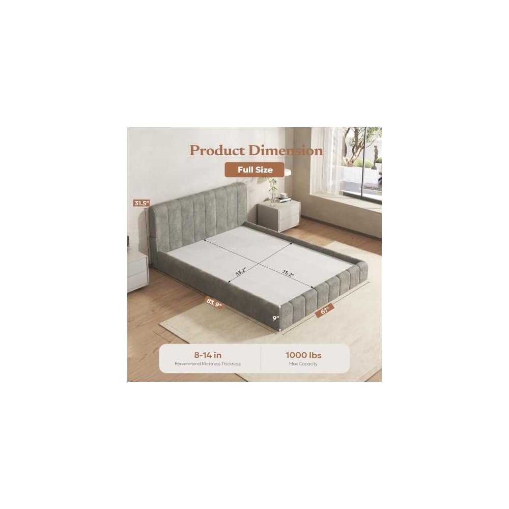 Full Cloud Bed Frame, Boneless Cushioned Foam Bed with Plush Fabric
