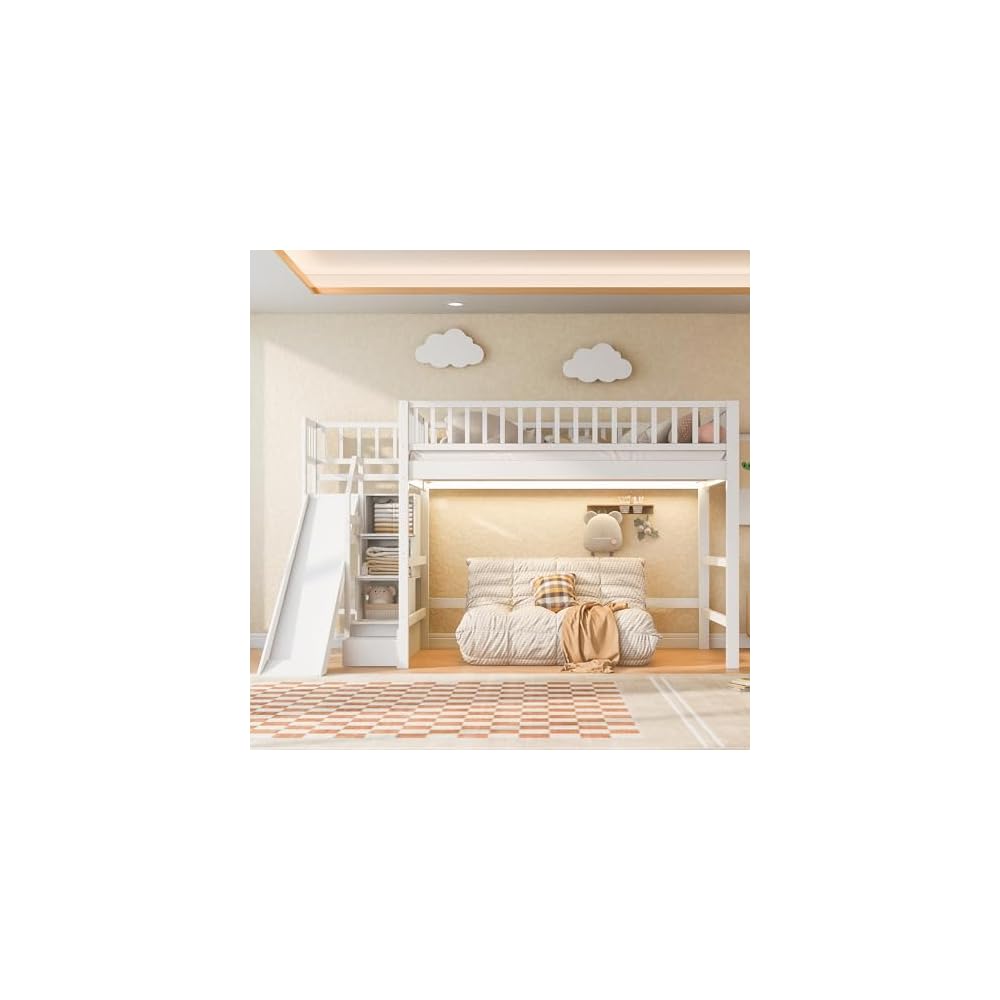 Full Size Loft Bed with Storage Staircase, Slide & LED Light, Wooden Bunk Bed for Bedroom with Built-in Shelves, White