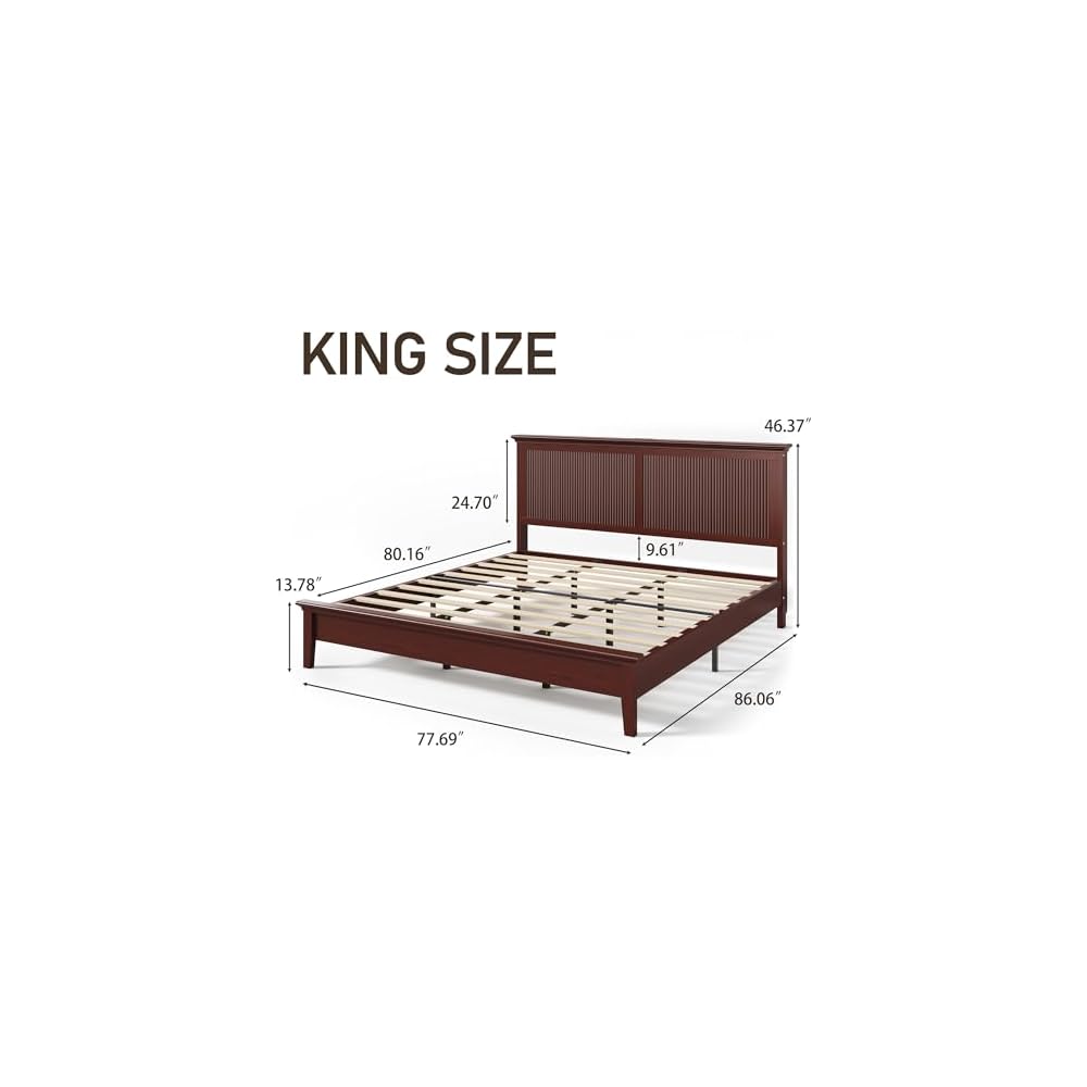 King Bed Frame with Headboard, Solid Wood Bed Frame King Size with Charging Station & RGB LED, Wood Slats Support, Noise-Free, Sturdy Structure, Easy Assembly, Mahogany