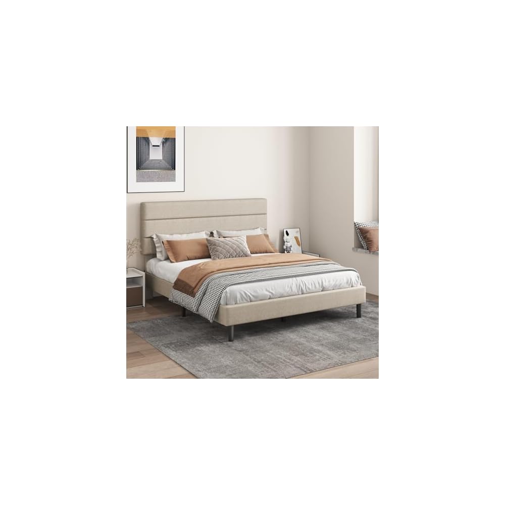 Full Platform Bed Frame with Adjustable Linen Fabric Upholstered Headboard, Strong Slats Support, Noise-Free, No Box Spring Required, Easy Assembly for Bedroom Guest Room, Beige