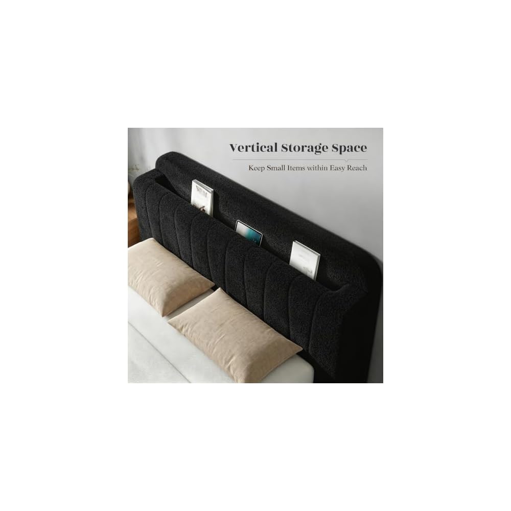 Cloud Bed Frame Queen with Storage Headboard & LED Lights, Black