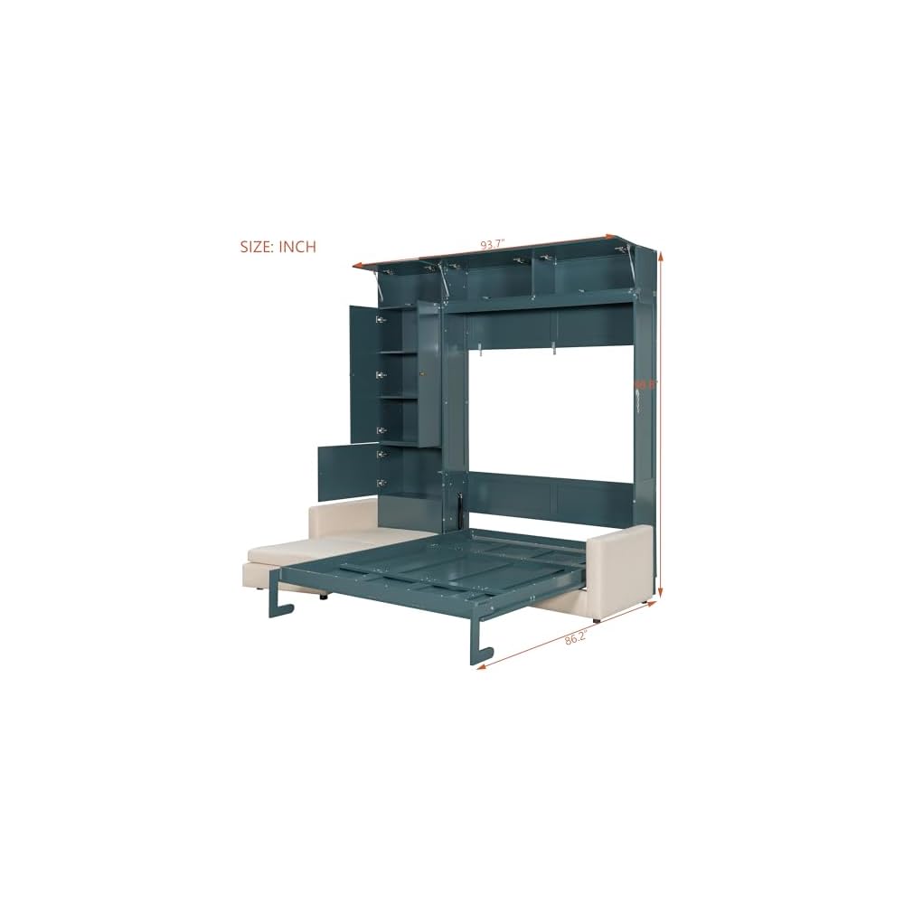 Queen Murphy Bed with Couch and Storage Bookcase, Wood Foldable Murphy Wall Bed with Storage Shelves and Sofa for Adults (H Green,Queen)