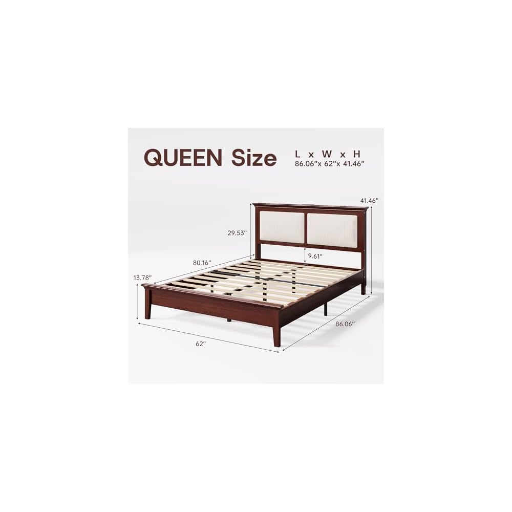 Queen Bed Frame with Headboard, Solid Wood Bed Frame Queen Size with Charging Station & RGB LED, Wood Slats Support, Noise-Free, Sturdy Structure, Easy Assembly, Mahogany
