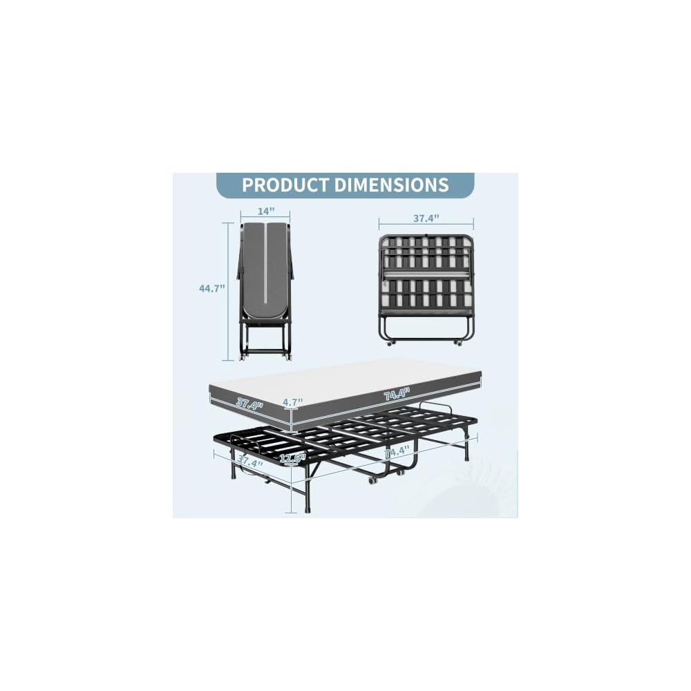 Folding Bed with 5 Inch Mattrees, 75"x38" Rollaway Beds for Adults