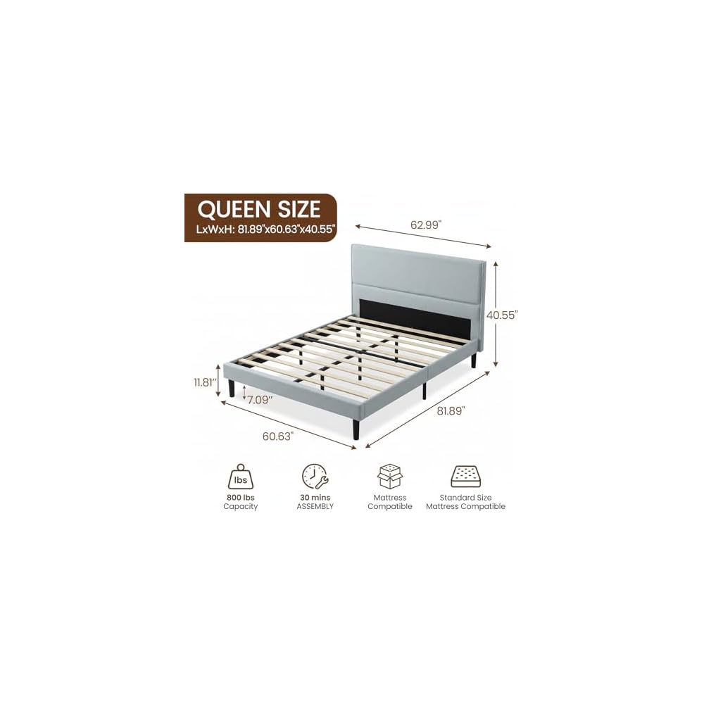 Queen Size Bed Frame with Linen Upholstered Headboard, Noise-Free Metal & Wood Structure, No Box Spring Needed, Easy Assembly, Grey (Queen (U.S. Standard))