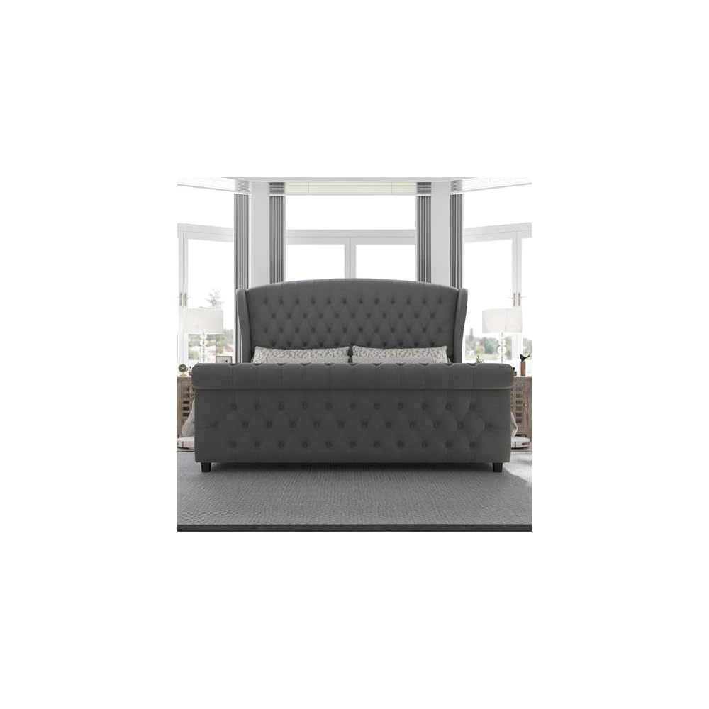 California King Upholstered Sleigh Bed Frame with Headboard