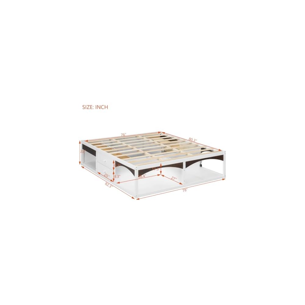 Pet-Friendly Platform Bed Frame, No Headboard Platform Bed, with Storage Drawers, Pet-Friendly Design, King Size, White