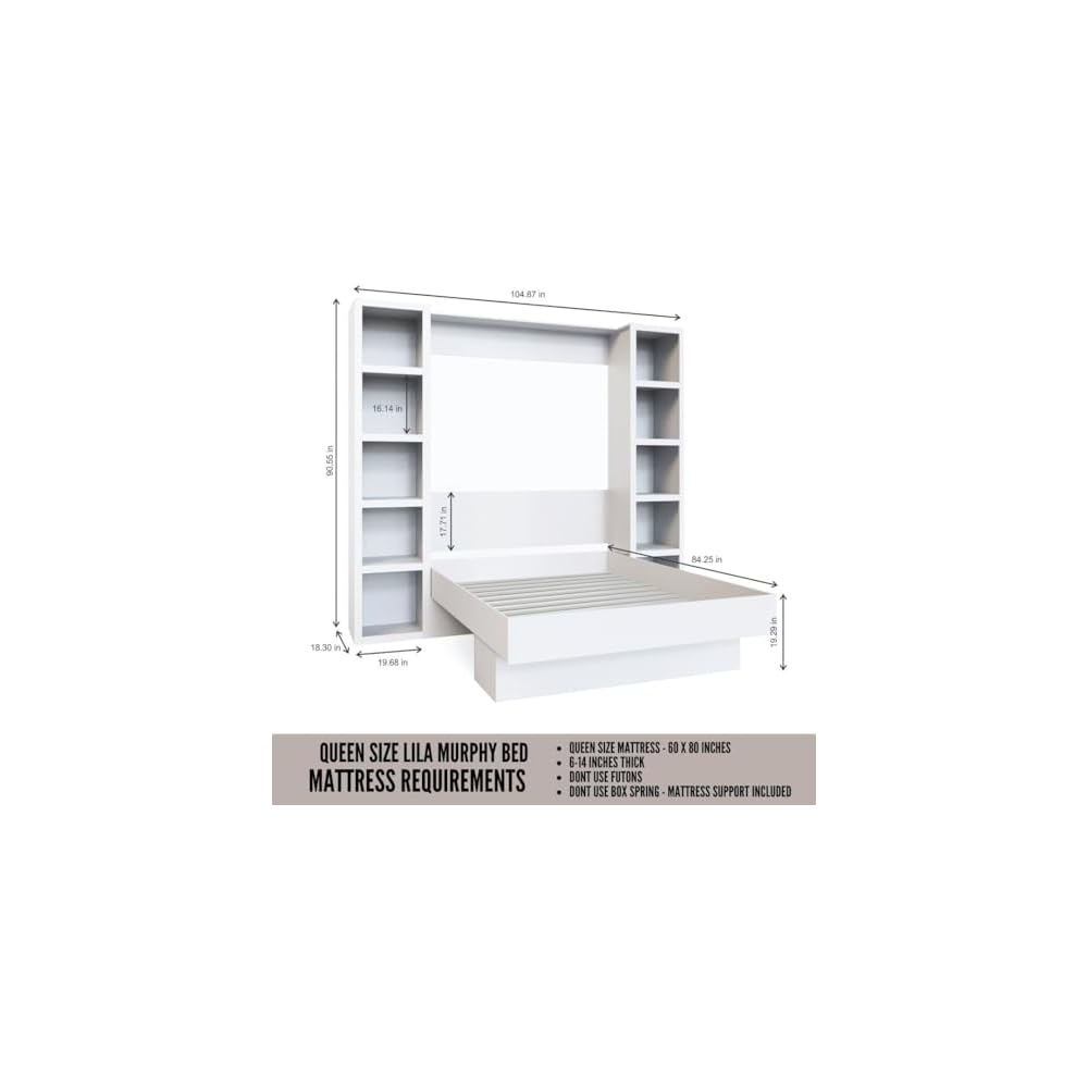 Easy-Lift Queen Murphy Wall Bed in Brown Wood Grain with Two Bookshelves