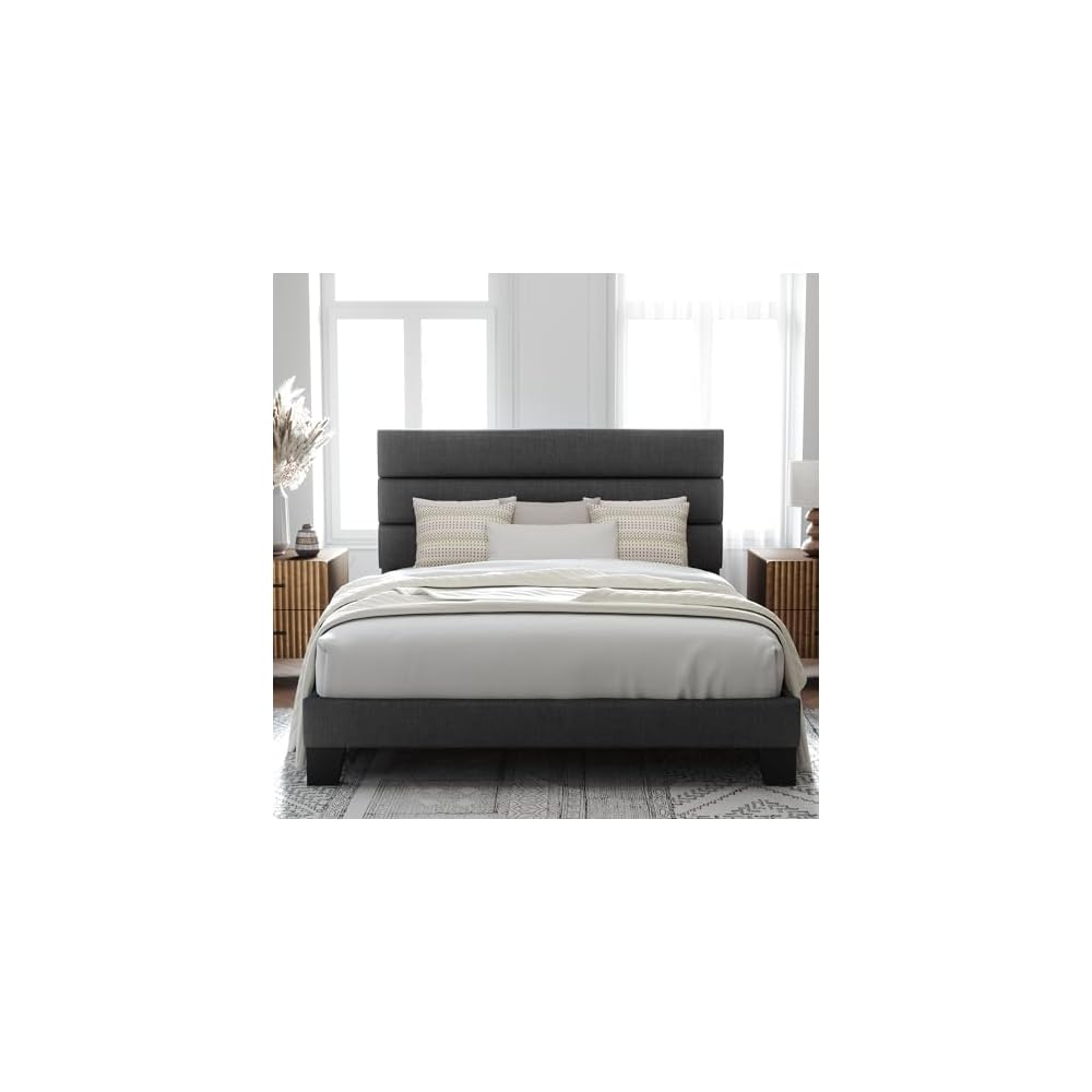 Queen Size Platform Bed Frame with Fabric Upholstered Headboard