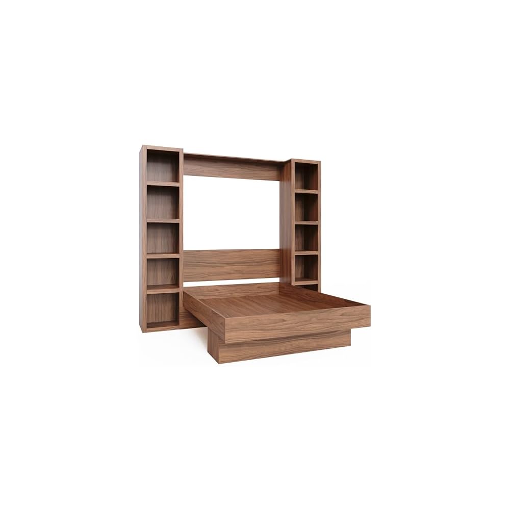 Easy-Lift Queen Murphy Wall Bed in Brown Wood Grain with Two Bookshelves