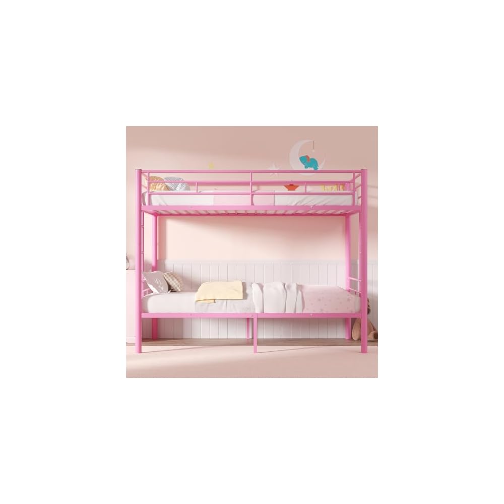 Bunk Bed Twin Over Twin, Metal Bunkbeds with Ladder and Full-Length Guardrail, No Box Spring Needed, Space Saving, Noise Free, Light Pink