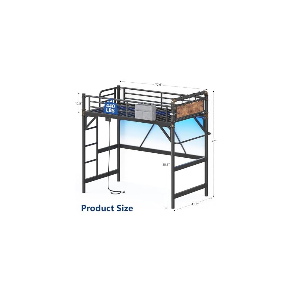 Twin Size Loft Bed with LED Lights and Charging Station, Industrial Heavy Duty Metal Loft Bed Frame with Ladder and Guardrail for Kids Adults, Small Space Saving Design for Bedroom Dorm, Vintage Brown