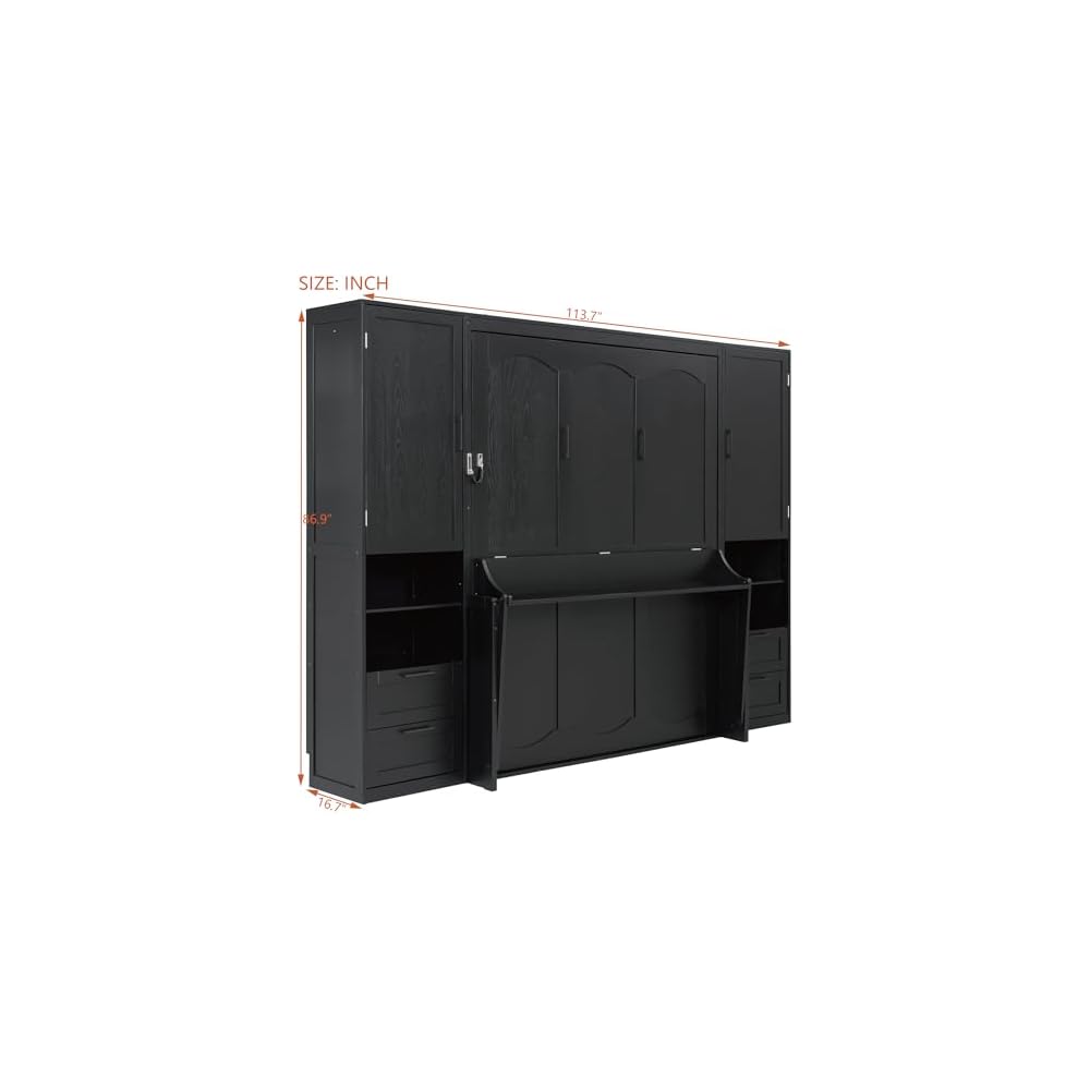 Queen Murphy Bed with Side Wardrobes & Drawers, Queen Size Wall Bed Frame, Multi-Functional Hidden Fold Down Cabinet Bed with Clothing Hanging Rods & Open Shelves, Black