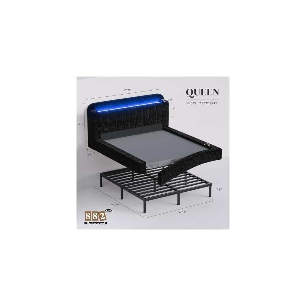 Cloud Bed Frame Queen with Storage Headboard & LED Lights, Black