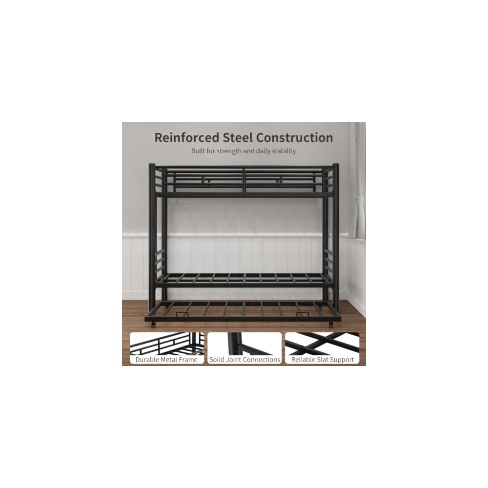 Metal Triple Bunk Bed, Twin Over Twins with Trundle, Heavy Duty Beds Frame with Ladder and Safety Rails for Small Bedroom, Space-Saving Noise Free (Black)