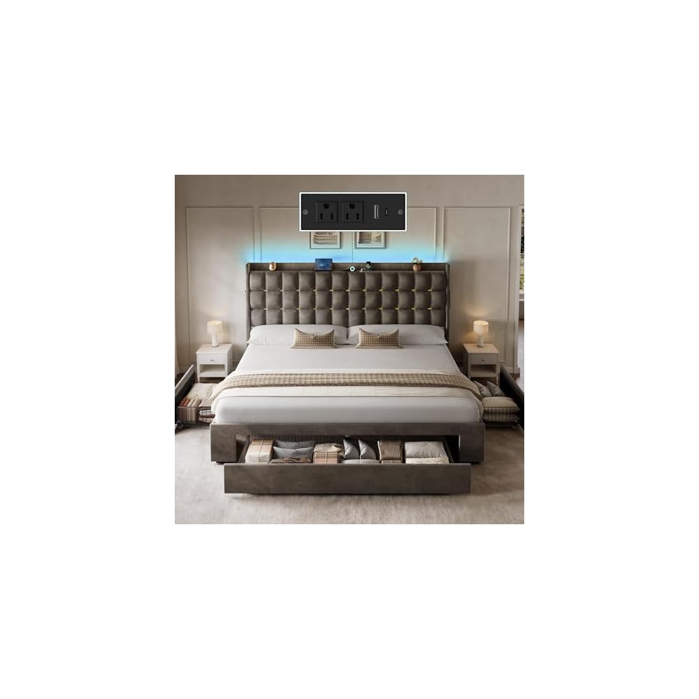 King Size Bed Frame with 3 Storage Drawers and RGB LED Lights