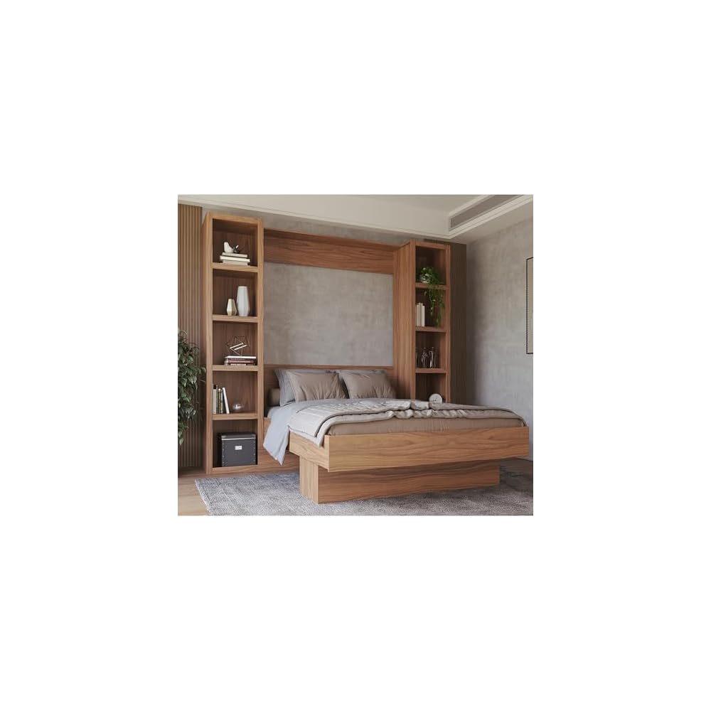 Easy-Lift Queen Murphy Wall Bed in Brown Wood Grain with Two Bookshelves