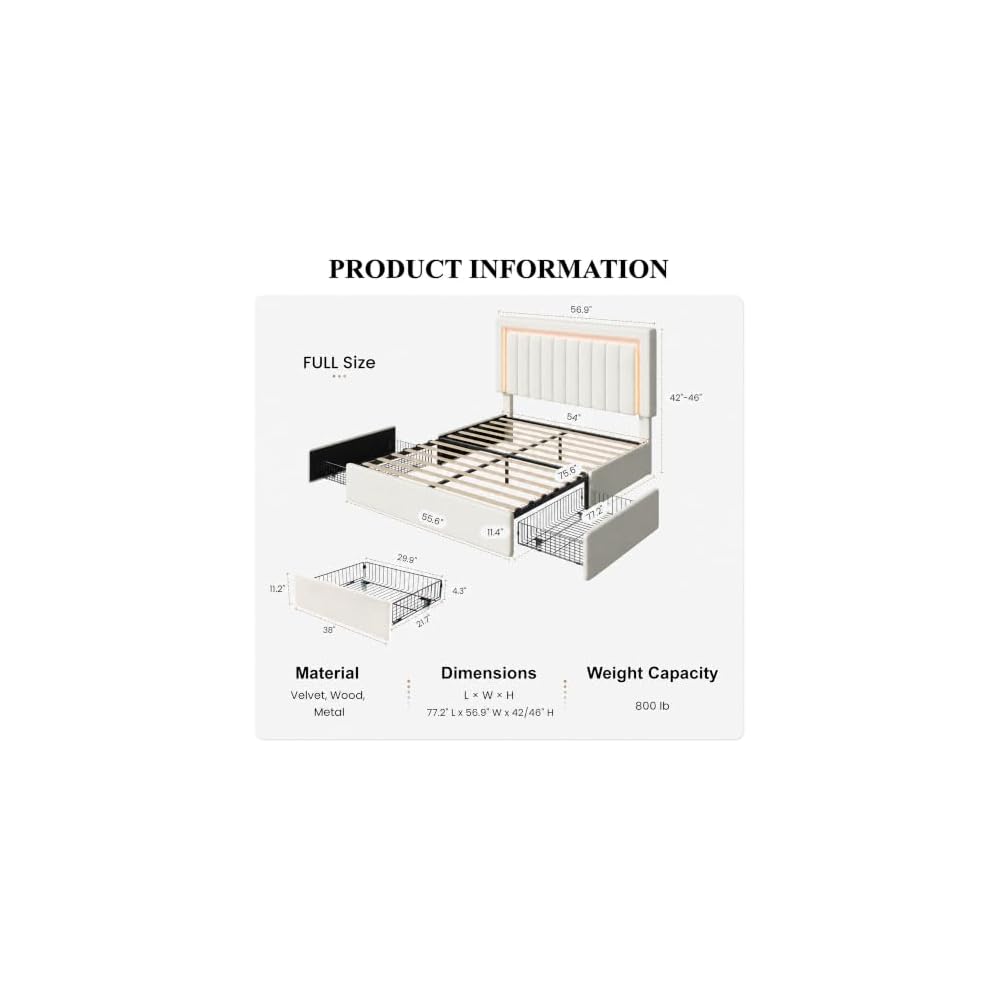 Full Size Bed Frame with LED Lights,2 Storage Drawers, Cream