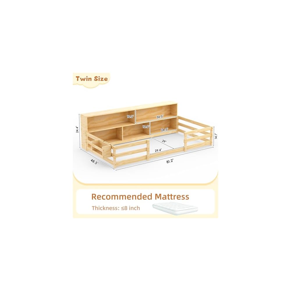 Twin Floor Bed for Kids, Wooden Montessori Bed Frame with Bookcase, Bedside Storage Shelves & Guardrails, Versatile 2-in-1 Floor Bed for Boys Girls, Natural